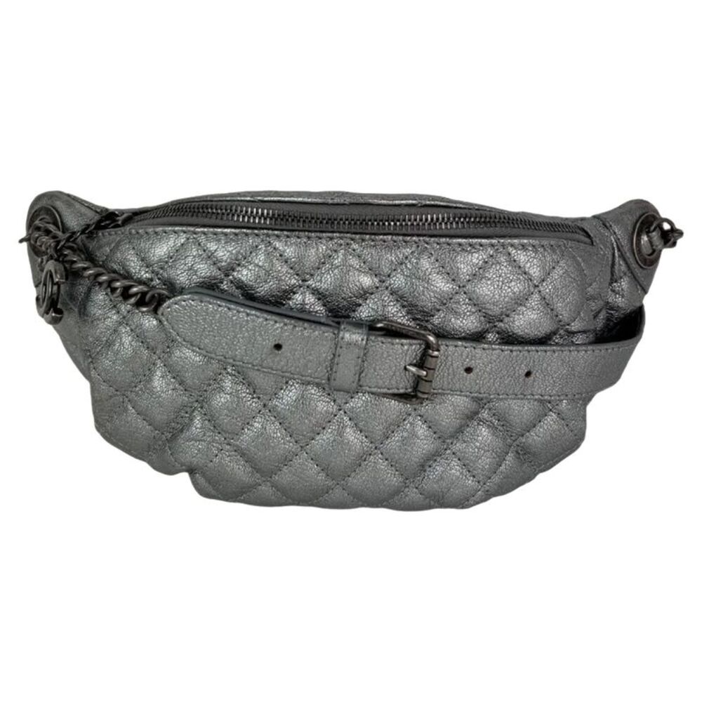 Chanel Metallic Dark Silver Calfskin Quilted Banane Fanny Pack Waist Bag